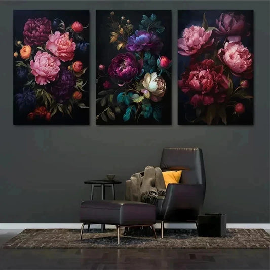 3pcs Dark Floral Peony Wall Art Set Canvas Framed 60x90cm - High Quality Print 100% Australian Made Wall Canvas Ready to Hang