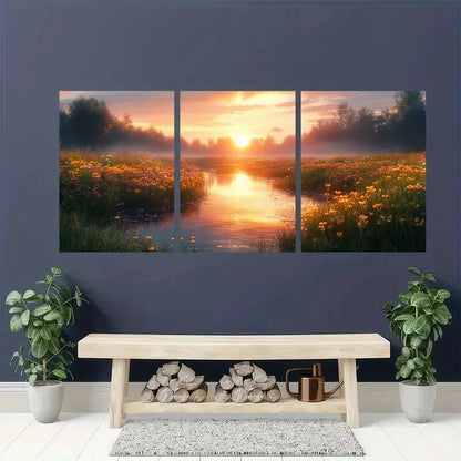 3pcs Soothing Morning Meadow Warm Pastel Sky Metal Print Ready to Hang Art - Bella Home Decor
