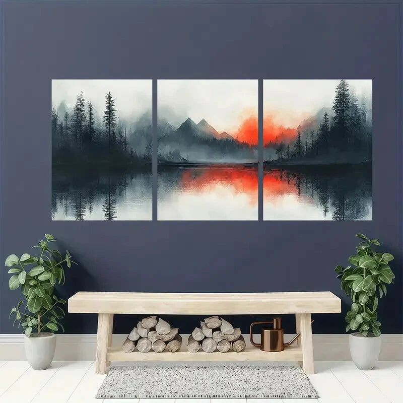 3pcs Watercolor Mountain & Forest Scenery Metal Print Ready to Hang Art - Bella Home Decor