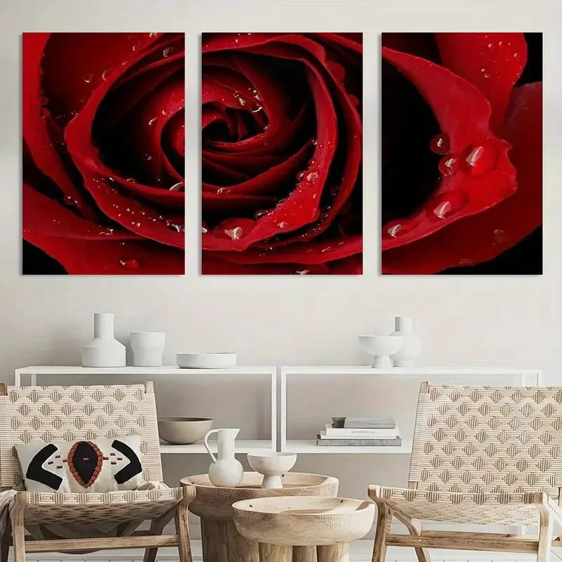 3pcs Vibrant Red Rose Water Droplets Detail Metal Print Ready to Hang Art - Bella Home Decor