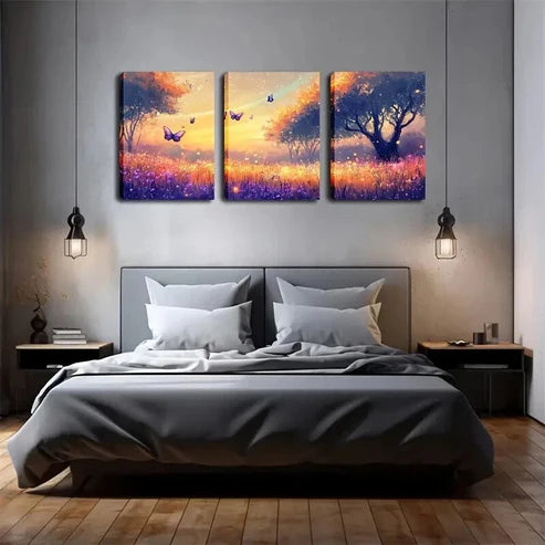3pcs Sunset & Butterflies Landscape Painting Wall Art Set Canvas Unframed - High Quality Print 100% Australian Made Wall Canvas