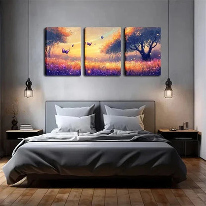 3pcs Sunset & Butterflies Landscape Painting Wall Art Set Canvas Unframed - High Quality Print 100% Australian Made Wall Canvas