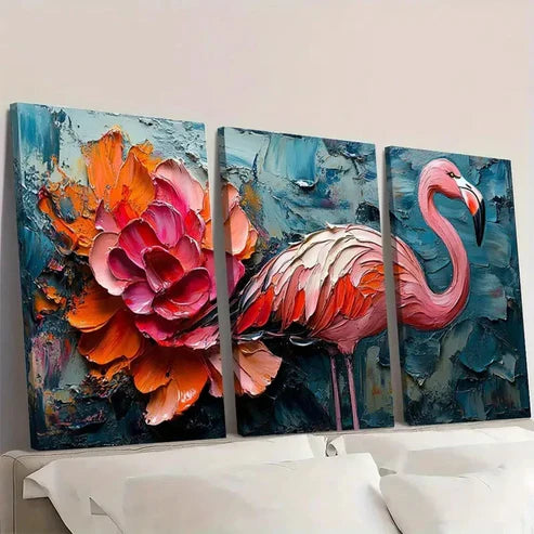 3pcs Vibrant Flamingo & Lotus oi Wall Art Set Canvas Unframed - High Quality Print 100% Australian Made Wall Canvas - Bella Home Decor