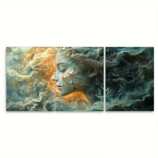 3pcs Ethereal Fractured Feminine Figure Metal Print Ready to Hang Art