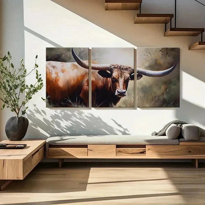 3pcs Texas Longhorn Cattle Decor Wall Art Set Canvas Framed 40x60cm - High Quality Print 100% Australian Made Wall Canvas Ready to Hang - Bella Home Decor