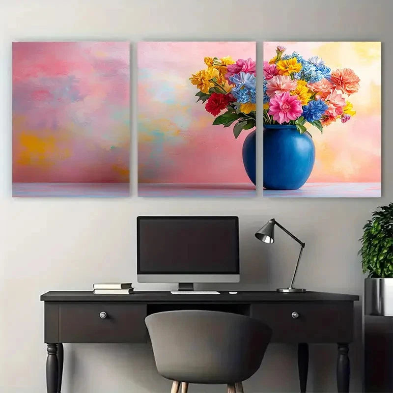 3pcs Flowers in a Blue Vase Minimalist Still Life Metal Print Ready to Hang Art - Bella Home Decor