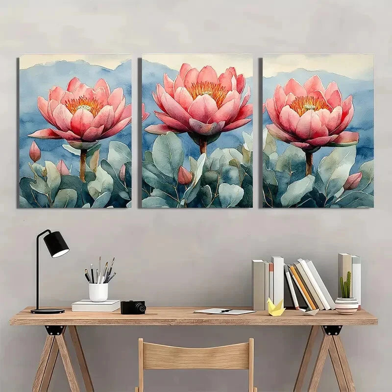 3pcs Pink Proteas on Soft Blue-Green Background Metal Print Ready to Hang Art - Bella Home Decor