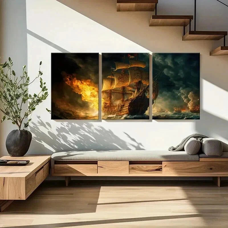 3pcs Pirate Ship On Fire in the Sea Wall Art Set Canvas Framed 40x60cm - High Quality Print 100% Australian Made Wall Canvas Ready to Hang - Bella Home Decor