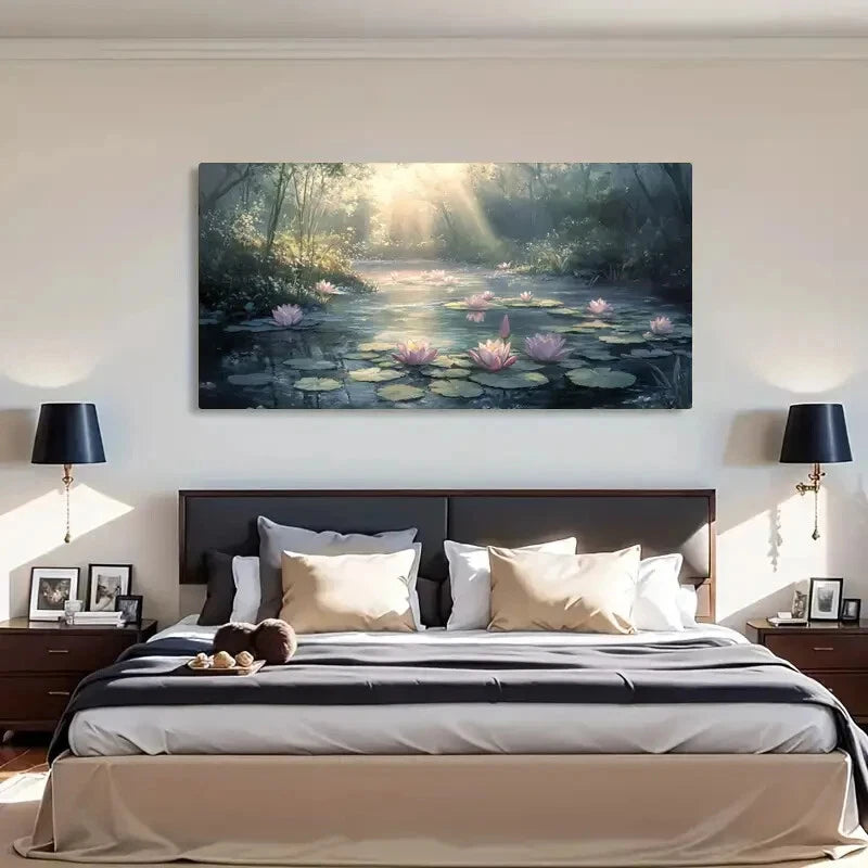 Sunlit Pond Landscape Lotus Wall Art Canvas Office Home Room Framed 120x60cm - Bella Home Decor