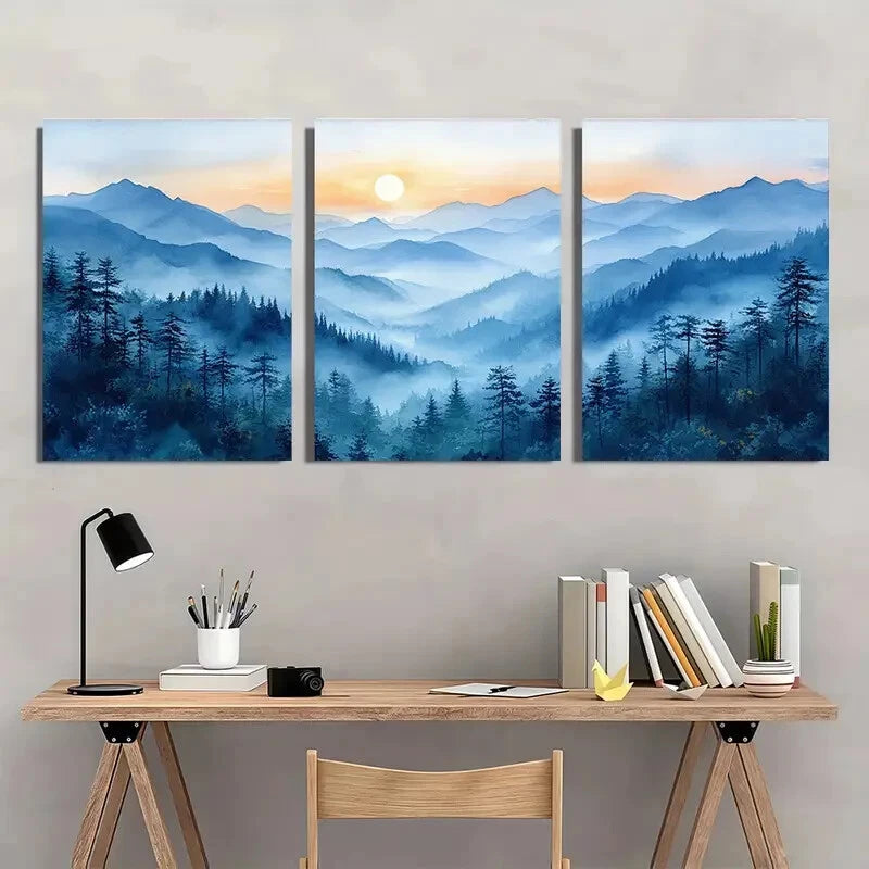 3pcs Mountains Watercolor Landscape Painting Metal Print Ready to Hang Art - Bella Home Decor
