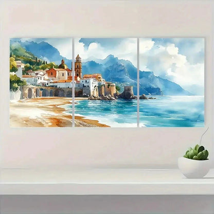 3pcs Atrani Scenic Beach & Mountain View Metal Print Ready to Hang Art - Bella Home Decor