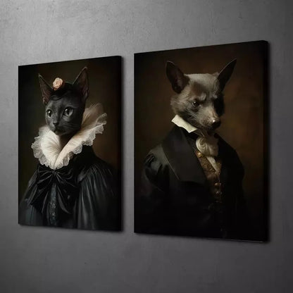 2pcs Black Cat & Bat Gothic Renaissance Portrait Canvas Framed 50x75cm - High Quality Print 100% Australian Made Wall Canvas Ready to Hang - Bella Home Decor