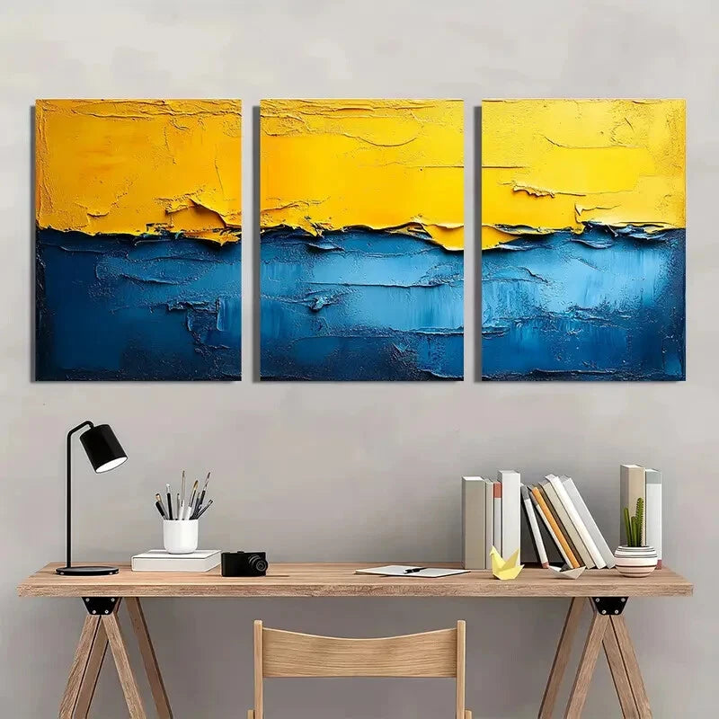 3pcs Minimalist Abstract Blue & Yellow Geometric Metal Print Ready to Hang Art - Bella Home Decor
