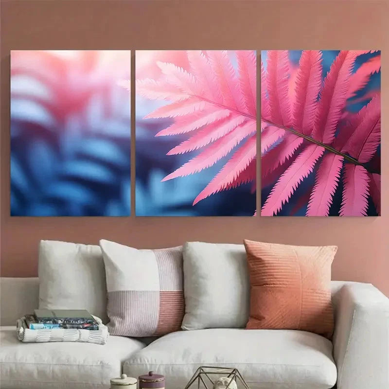 3pcs Tropical Fern Leaf in Pink Blue Tones Wall Art Set Canvas Framed 40x60cm - High Quality Print 100% Australian Made Wall Canvas Ready to Hang - Bella Home Decor