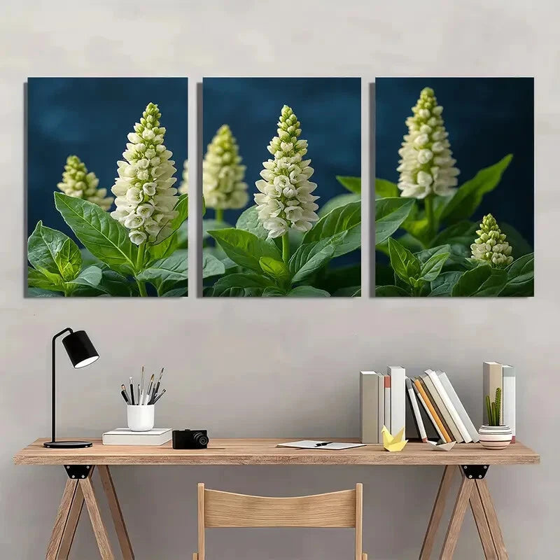 3pcs White Basil Flower Elegant Floral Spires Art Metal Print Ready to Hang Art - Bella Home Decor