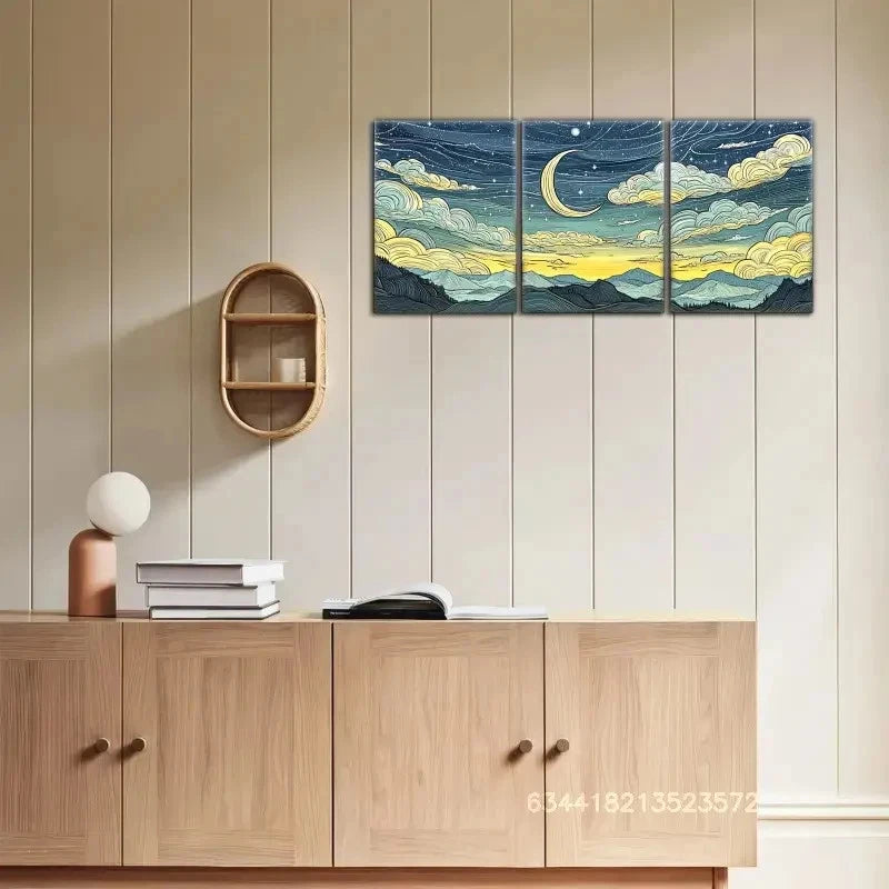 3pcs Dreamy Mountain And Moon Paintings Metal Print Ready to Hang Art - Bella Home Decor