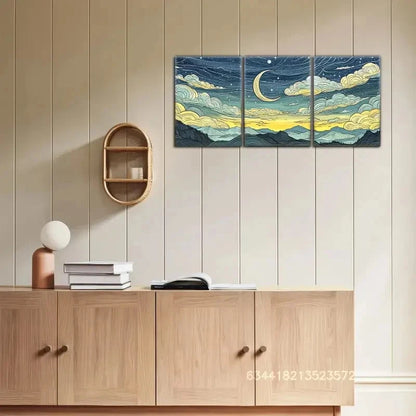 3pcs Dreamy Mountain And Moon Paintings Metal Print Ready to Hang Art - Bella Home Decor