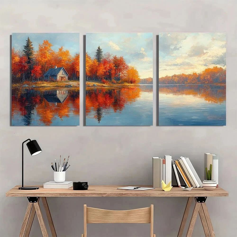 3pcs Lake Rossignol Autumn Nature Scenes Metal Print Ready to Hang Art - Bella Home Decor