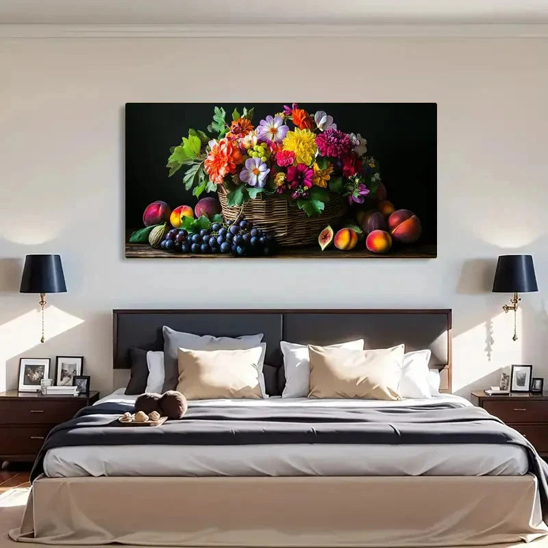Vibrant Basket Flowers & Grapes Wall Art Canvas Office Home Room Framed 120x60cm - Bella Home Decor