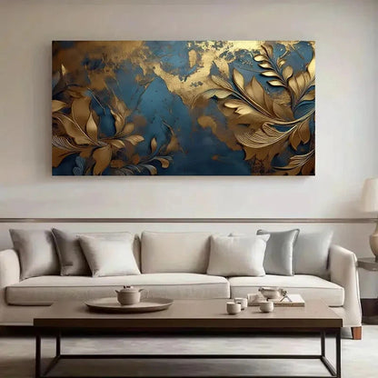 Blue & Golden Leaf Pattern wall canvas office home room framed 120x60cm