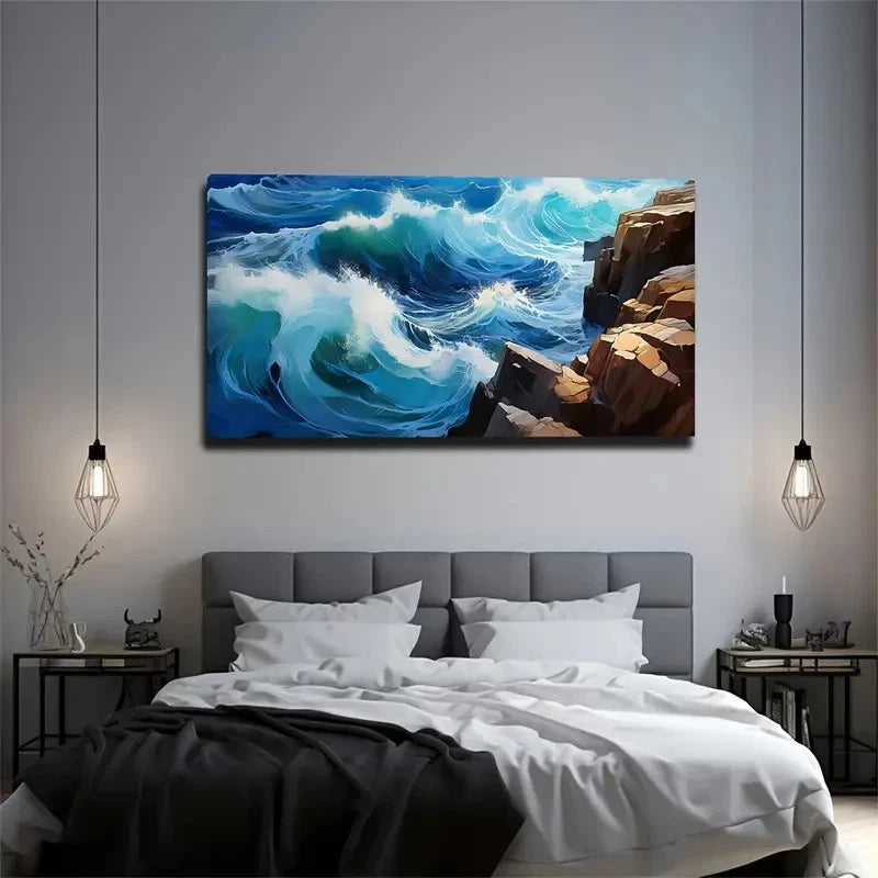 Coastal Waves Wall Art Canvas Office Home Room Framed 120x60cm