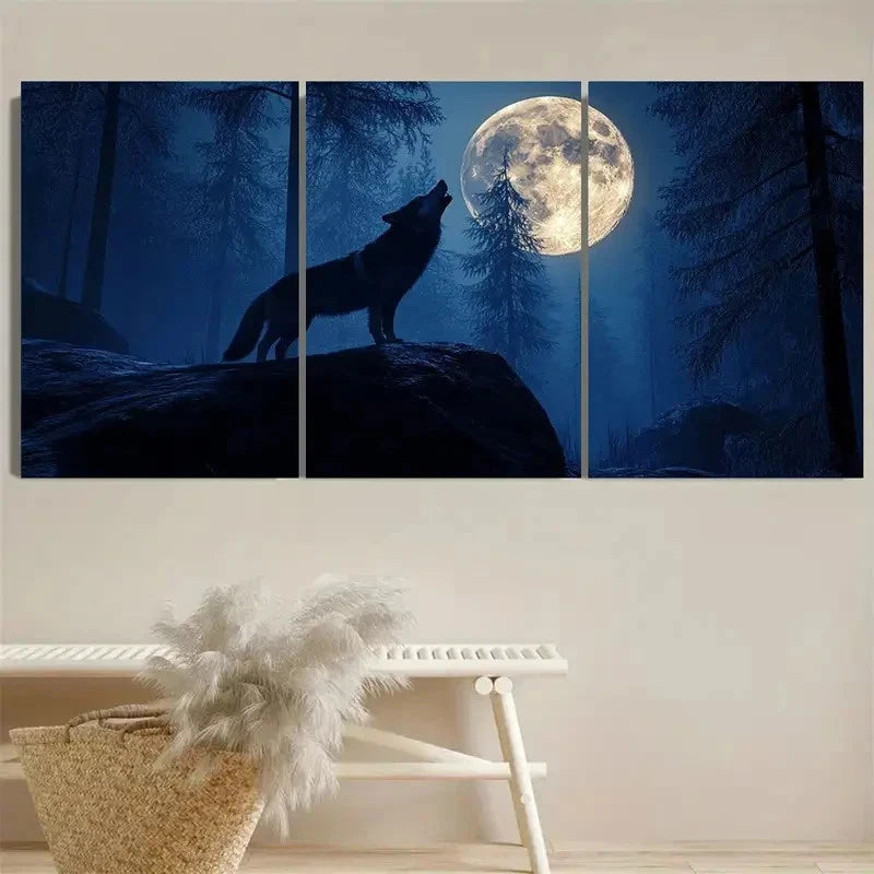 3pcs Wolf howling at full moon eerie forest Wall Art Set Canvas Framed 50x70cm - High Quality Print 100% Australian Made Wall Canvas Ready to Hang