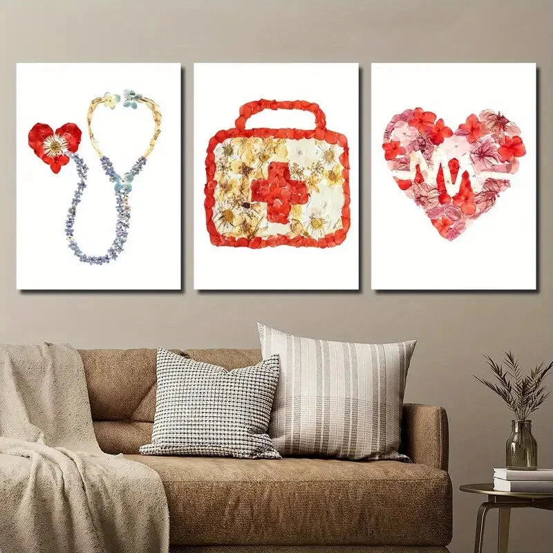 3pcs Floral Stethoscope Heartbeat Design Perfect Wall Art Set Canvas Framed 40x60cm - High Quality Print 100% Australian Made Wall Canvas Ready to Hang - Bella Home Decor
