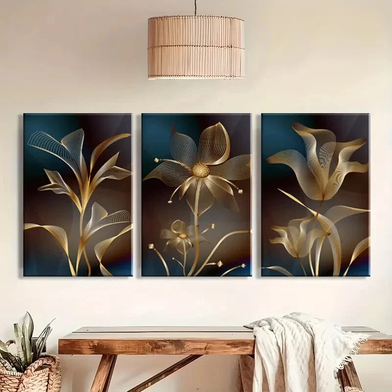 3pcs Abstract Golden Flower Dark Blue Metal Print Ready to Hang Art - Bella Home Decor