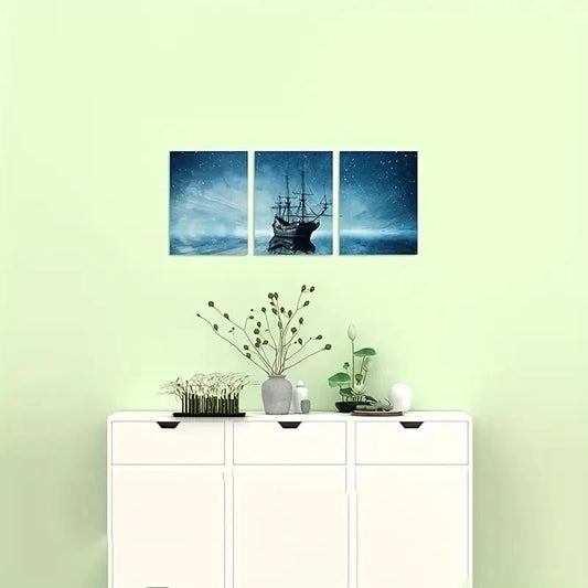 3pcs Ship Art with a Starry Night Sky Metal Print Ready to Hang Art