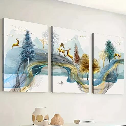3pcs Modern Geometric Abstract Line Deer Forest Wall Art Set Canvas Unframed - High Quality Print 100% Australian Made Wall Canvas