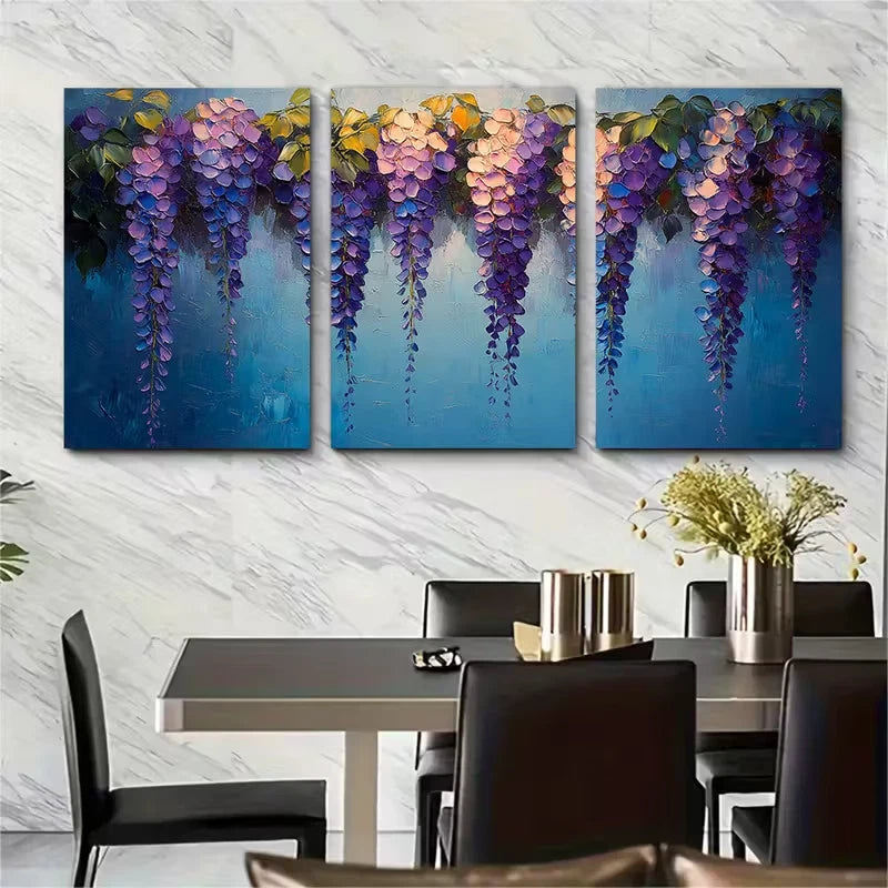 3pcs Wisteria Oil Painting Floral Impasto Metal Print Ready to Hang Art