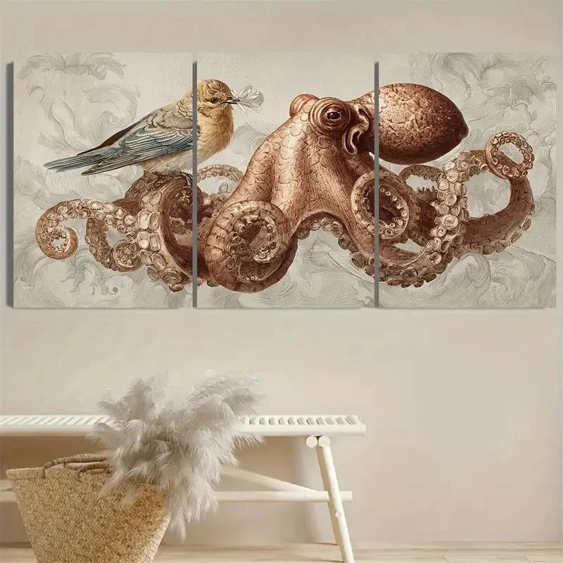 3pcs Nautical Octopus Bird Ocean Theme Wall Art Set Canvas Framed 40x60cm - High Quality Print 100% Australian Made Wall Canvas Ready to Hang