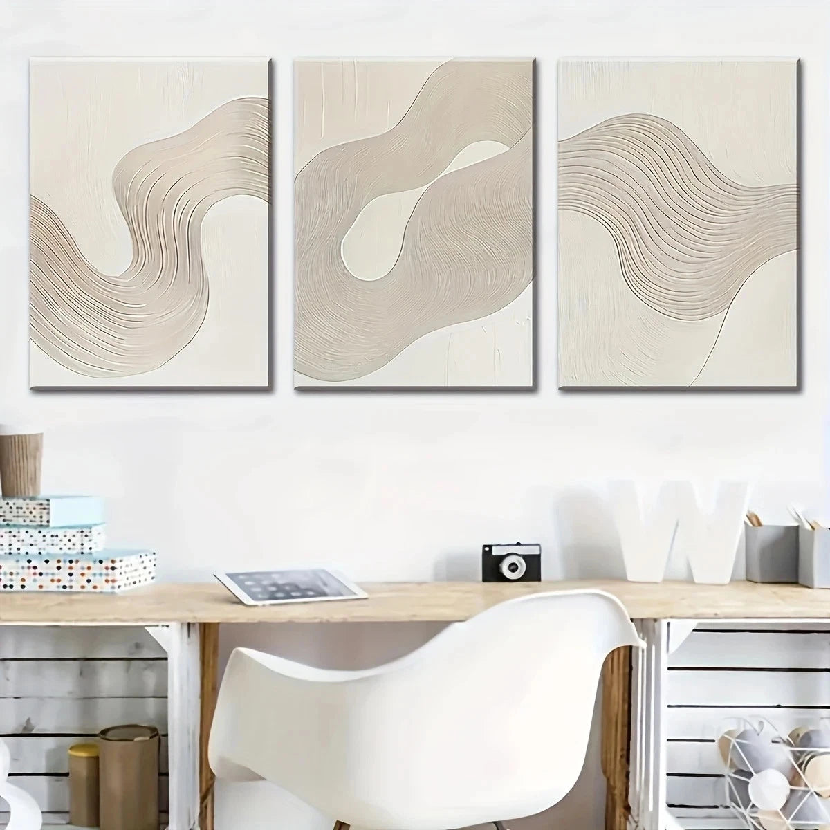3pcs Abstract Line Modern Beige & Brown Swirls Metal Print Ready to Hang Art - Bella Home Decor