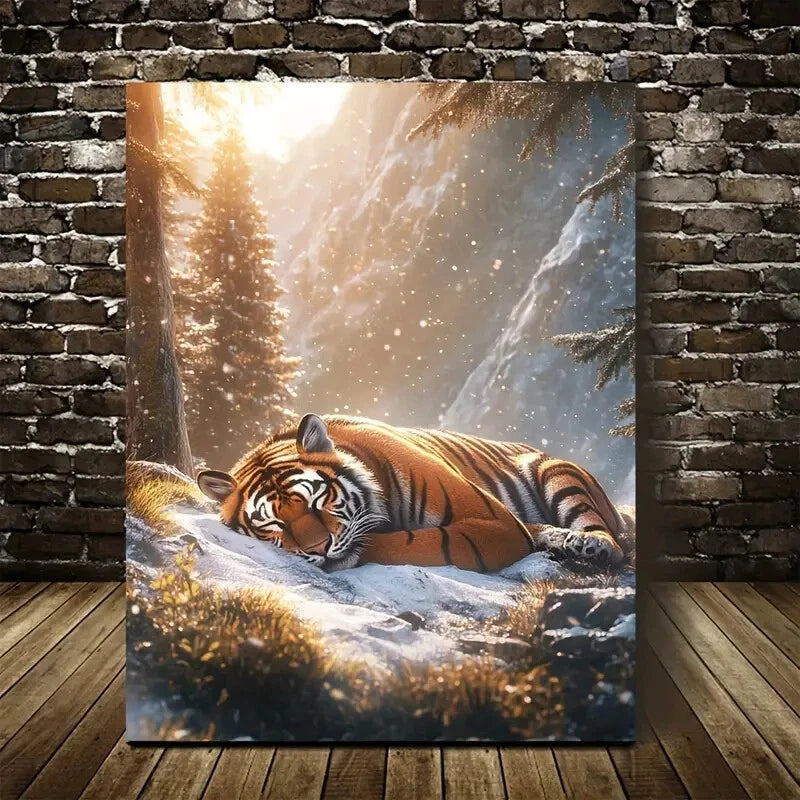 Sunlit Snowy Mountain Scene Style Tiger Painting 40x60cm Metal Print Ready to Hang - Bella Home Decor