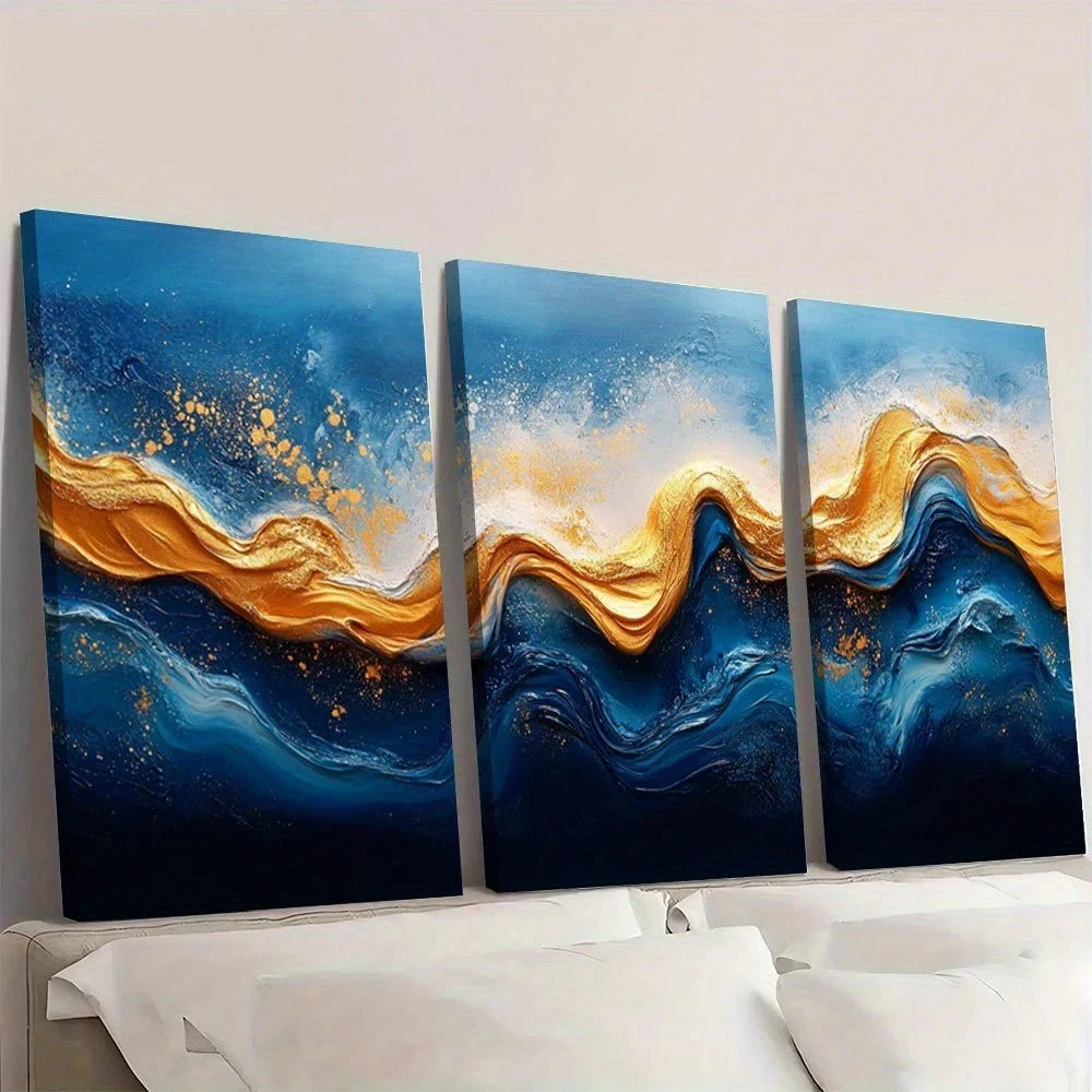 3pcs Modern Abstract Theme Blue and Golden Wall Art Set Canvas Framed 50x70cm - High Quality Print 100% Australian Made Wall Canvas Ready to Hang