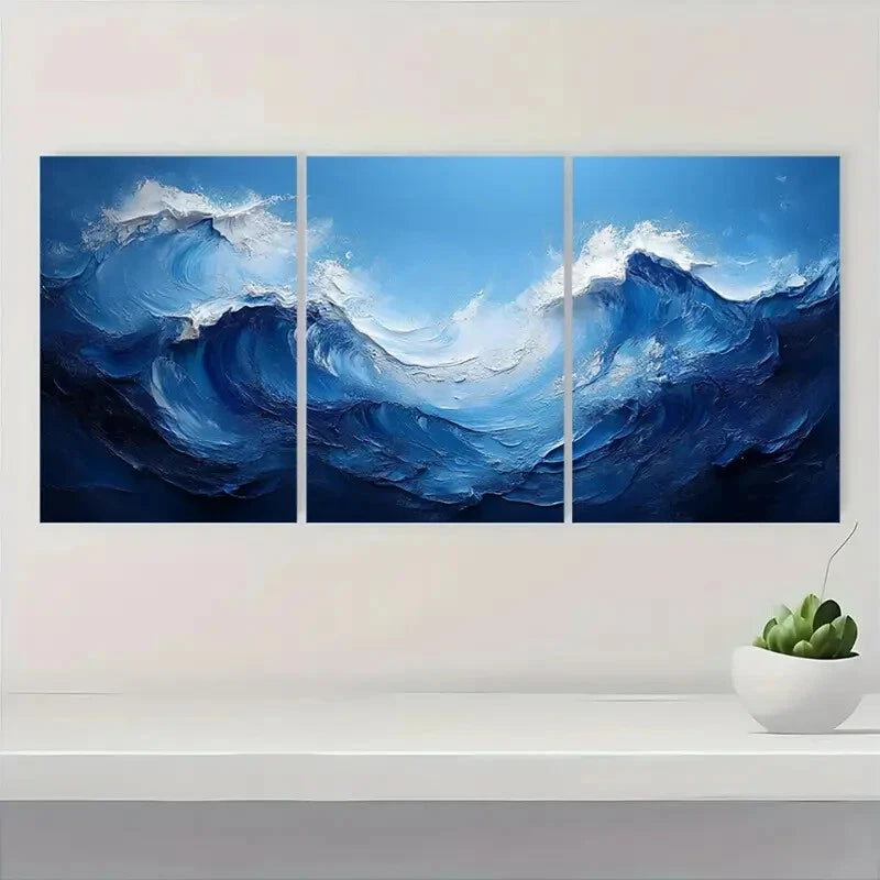 3pcs Dark Blue and White Abstract Wave Painting Metal Print Ready to Hang Art - Bella Home Decor
