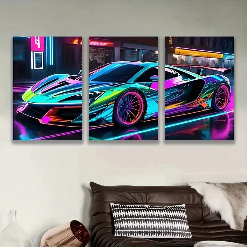 3pcs Neon Lit Sports Car Artwork Wall Art Set Canvas Framed 60x90cm - High Quality Print 100% Australian Made Wall Canvas Ready to Hang