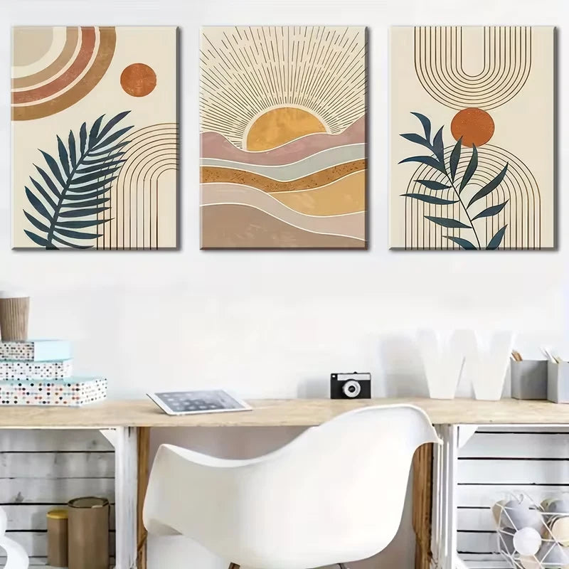 3pcs Bohemian Sun Plant Abstract Metal Print Ready to Hang Art - Bella Home Decor