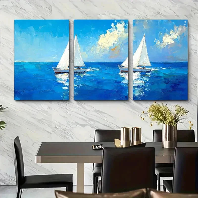 3pcs Two White Sailing Boats on Vibrant Blue Wa   Wall Art Set Canvas Framed 60x90cm - High Quality Print 100% Australian Made Wall Canvas Ready to Hang