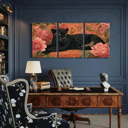 3pcs Black Panther Floral Background Artistic Metal Print Ready to Hang Art - Bella Home Decor
