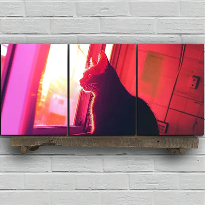 3pcs The Cat Gazing at The Sun Pink Themed Metal Print Ready to Hang Art - Bella Home Decor