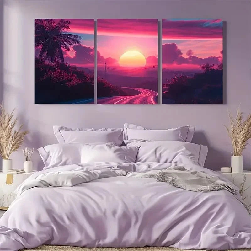 3pcs Vibrant Sunset Road Scene Metal Print Ready to Hang Art - Bella Home Decor