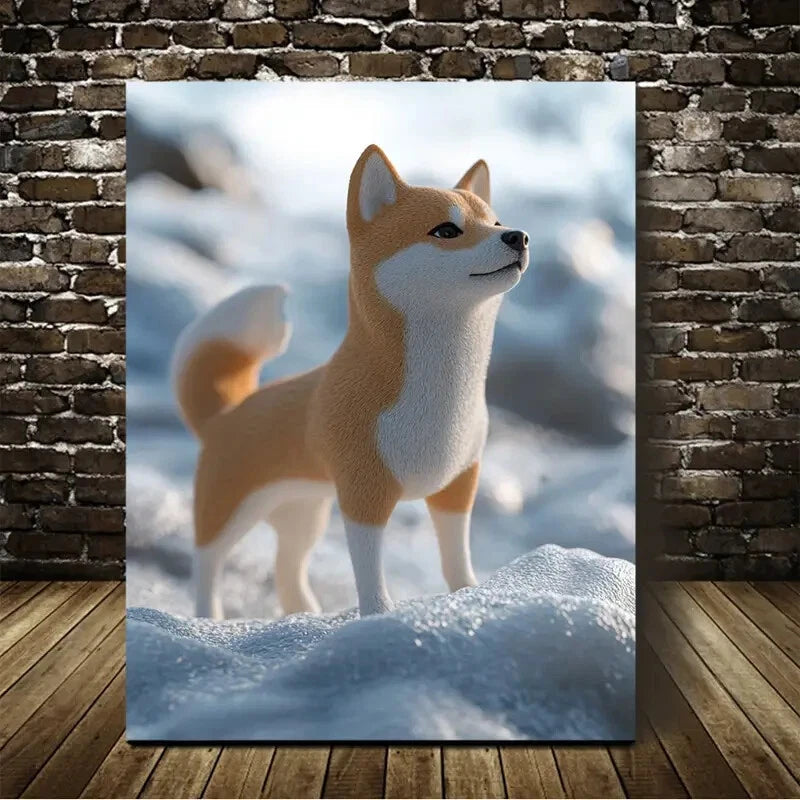 Beautiful Shiba Inu On the snow Painting 40x60cm Metal Print Ready to Hang - Bella Home Decor