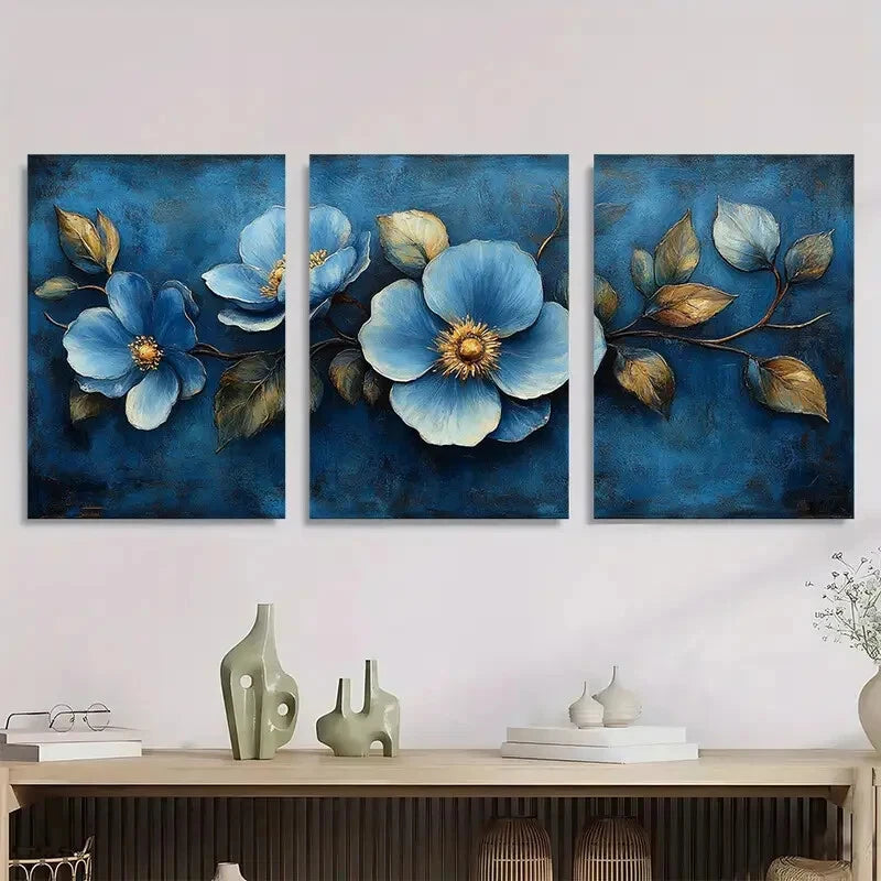 3pcs Vintage Blue Floral Bouquet Design Metal Print Ready to Hang Art - Bella Home Decor