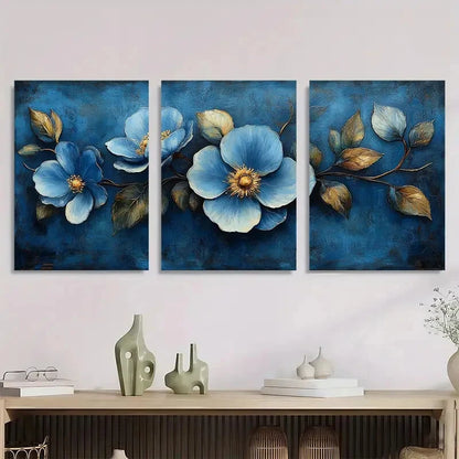 3pcs Vintage Blue Floral Bouquet Design Metal Print Ready to Hang Art - Bella Home Decor