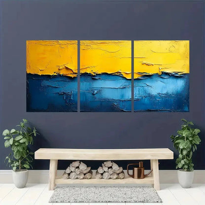 3pcs Minimalist Abstract Blue & Yellow Geometric Metal Print Ready to Hang Art - Bella Home Decor
