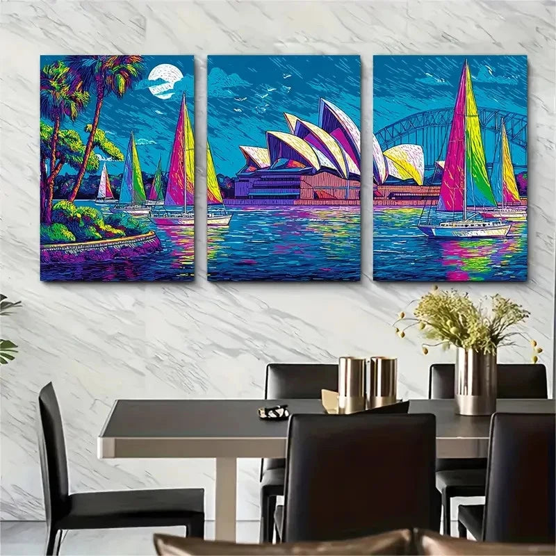 3pcs Sydney Opera House Fauvist Harbour Scene Wall Art Set Canvas Framed 40x60cm - High Quality Print 100% Australian Made Wall Canvas Ready to Hang