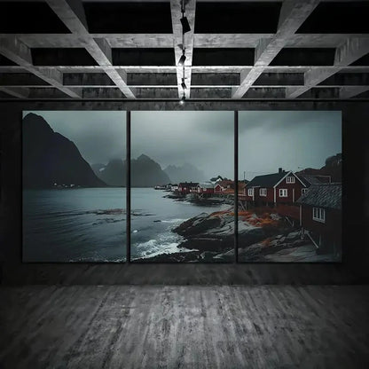3pcs Black Sky Big Mountain Houses Metal Print Ready to Hang Art