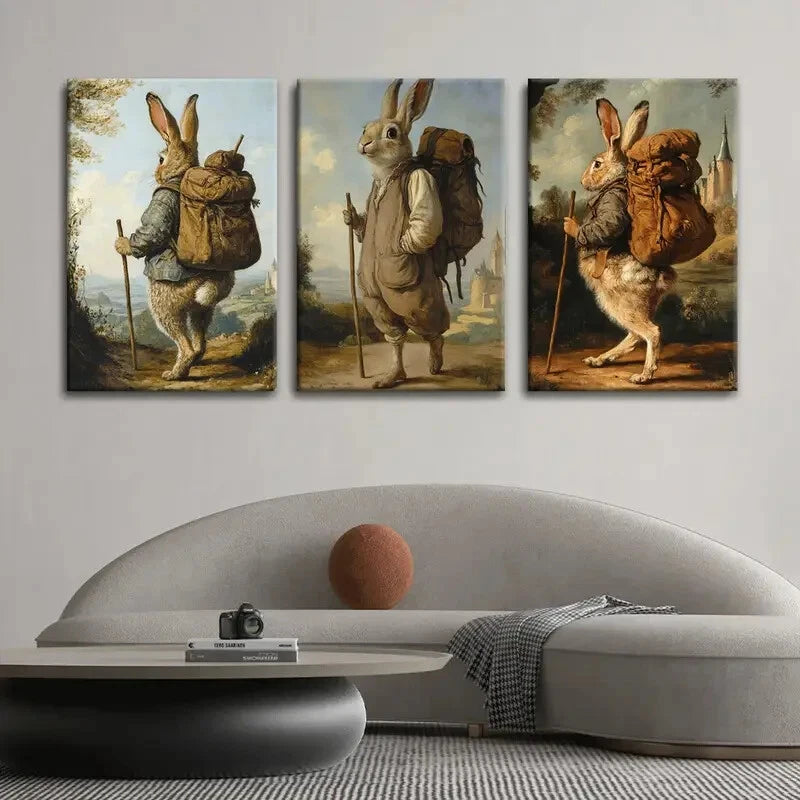 3pcs Rabbit Traveler Carrying a Bag Metal Print Ready to Hang Art - Bella Home Decor