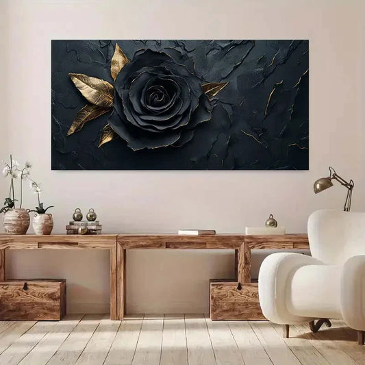 Modern Black & Golden Rose Wall Art Canvas Office Home Room Framed 120x60cm